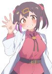  1girl belt black_hair bolo_tie brown_eyes commentary grin hair_ornament hairclip hand_up hatafuta highres lab_coat light_blush long_sleeves looking_at_viewer medium_hair multicolored_hair onii-chan_wa_oshimai! open_labcoat oyama_mihari purple_hair red_shirt shirt simple_background smile solo twintails two-tone_hair upper_body white_background wing_collar 