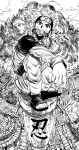  1boy absurdres building forehead_protector full_body greyscale headband highres jumpsuit konohagakure_symbol long_sleeves looking_at_viewer male_focus monochrome mountain mouth_hold my_nameisyoon naruto naruto_(series) outdoors sandals scroll short_hair solo squatting statue thigh_pouch uzumaki_naruto v-shaped_eyebrows 