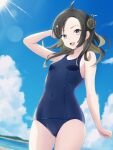  1girl ahoge black_hair blue_one-piece_swimsuit blue_sky breasts cloud colored_inner_hair covered_navel day double_bun dutch_angle forehead green_hair hair_bun highres kantai_collection kotou_yogen long_hair makinami_(kancolle) multicolored_hair one-piece_swimsuit outdoors sky small_breasts smile solo sun swimsuit 