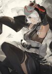  1girl 2b_(nier:automata) armpits blue_eyes breasts dress elbow_gloves fadingz fox_mask gloves hairband highres japanese_clothes kimono long_hair looking_at_viewer mask medium_breasts mole mole_under_mouth nier:automata nier_(series) nier_reincarnation official_alternate_costume revision short_hair short_kimono signature solo thighhighs white_hair 