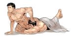  2boys abs bara batman_(series) blanket bruce_wayne clark_kent closed_eyes closed_mouth completely_nude couple covering dc_comics hug large_pectorals male_focus multiple_boys muscular muscular_male nakadoori navel nipples nude pectorals simple_background sleeping white_background yaoi 