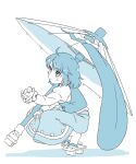  1girl closed_mouth commentary full_body geta holding holding_umbrella itani_illust juliet_sleeves karakasa_obake kogasa_day long_sleeves monochrome puffy_sleeves shirt short_hair simple_background skirt solo squatting tatara_kogasa tongue touhou umbrella vest 