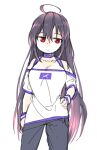  1girl ahoge alternate_costume choker closed_mouth clothing_cutout half-closed_eyes hand_on_own_hip kageuchi_kuji_kanesada_(tenka_hyakken) long_hair looking_at_viewer mksk_69 pants print_shirt purple_hair purple_trim red_eyes shirt shoulder_cutout solo straight-on tenka_hyakken white_background white_shirt wristband 