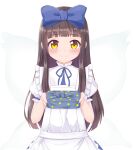  1girl alternate_costume apron blue_bow blunt_bangs blush bow brown_hair closed_mouth commentary_request enmaided fairy_wings frills gift hair_bow hands_up holding holding_gift long_hair looking_at_viewer maid p.w. puffy_short_sleeves puffy_sleeves short_sleeves sidelocks simple_background smile solo star_(symbol) star_print star_sapphire straight-on touhou upper_body very_long_hair white_apron white_background wings yellow_eyes 