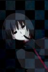  1girl androgynous black_background black_eyes black_gloves black_hair black_jacket bob_cut checkered_background closed_mouth dutch_angle empty_eyes finger_to_mouth gakuran gloves grey_background hair_over_eyes jacket kikumaru_bunta light_smile looking_at_viewer monogatari_(series) naoetsu_high_school_uniform narrowed_eyes oshino_ougi outline pale_skin red_outline school_uniform short_hair shushing smile solo upper_body 