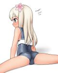  1girl absurdres ass blonde_hair blue_eyes dated feet_out_of_frame flower from_behind grey_one-piece_swimsuit grey_sailor_collar hair_flower hair_ornament highres kantai_collection long_hair maru_(marg0613) one-hour_drawing_challenge one-piece_swimsuit one-piece_tan ro-500_(kancolle) sailor_collar school_swimsuit shirt simple_background sleeveless sleeveless_shirt solo split spread_legs swimsuit swimsuit_under_clothes tan tanlines twitter_username white_background 