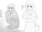  1girl blush flower hair_flower hair_ornament heart long_hair monochrome open_mouth sakugawa_school_uniform saten_ruiko school_uniform serafuku simple_background sketch skirt sleepy_frippy solo spoken_heart squatting summer_uniform toaru_kagaku_no_railgun toaru_majutsu_no_index white_background 