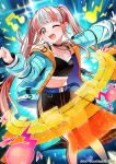  1girl aqua_jacket bang_dream! black_choker blunt_bangs choker earrings highres instrument jacket jewelry keyboard_(instrument) long_hair long_sleeves looking_at_viewer multicolored_hair narita_tamezou navel necklace nyuubara_reona off_shoulder official_art one_eye_closed open_mouth red_eyes red_hair twintails two-tone_hair white_hair 