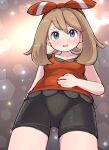  1girl bare_arms bike_shorts blonde_hair blush bow_hairband breasts collarbone commentary_request eyelashes from_below grey_eyes hairband hexagon highres kutabireta_neko may_(pokemon) medium_hair open_mouth pokemon pokemon_(game) pokemon_oras raised_eyebrows red_hairband red_shirt shirt sleeveless sleeveless_shirt solo sweat textless_version 