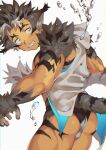  1boy another_eidos-r ass bara black_fur blush colored_skin furry furry_male highres hood hoodie lute_(another_eidos) male_focus muscular muscular_male open_clothes open_hoodie orange_skin sagami_jon simple_background solo tail thick_eyebrows water_drop white_background 