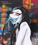  2023 anthro artist_name black_hair blue_eyes blue_hair_tips blue_tongue blurred_background bodily_fluids burryro clothed clothing english_text fangs forked_tongue hair hi_res long_braid long_hair looking_at_viewer male naughty_face open_mouth reptile saliva saliva_string scalie shen_(vic_johansen) snake solo teeth text tongue topless topless_anthro topless_male white_snake 