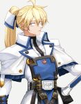  1boy belt blonde_hair blue_eyes ebi_pri_shrimp english_text guilty_gear guilty_gear_xrd hair_between_eyes ky_kiske long_hair looking_at_viewer magnolia_eclair_ii male_focus ponytail sheath shirt simple_background solo sword upper_body weapon white_background white_shirt 