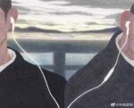  2boys absurdres bara cloud cloudy_sky couple earphones head_out_of_frame highres long_sideburns male_focus multiple_boys original painterly shared_earphones shirt short_hair shoulder-to-shoulder sideburns sky sunrise upper_body yaoi yuzhou_fei_gou 