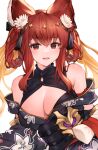  1girl animal_ears anthuria bare_shoulders braid breasts cleavage erune floral_print flower granblue_fantasy hair_flower hair_ornament hair_rings highres japanese_clothes kimono koretsuki_azuma looking_at_viewer medium_breasts official_art open_mouth red_eyes red_hair smile solo upper_body yukata 