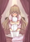  1girl aisaka_taiga bed blush brown_eyes brown_hair curtains eclair_(ekreatan) eyes_visible_through_hair frilled_sleeves frills hair_between_eyes holding holding_pillow hugging_object kneeling long_hair looking_at_viewer on_bed pajamas pillow pink_pajamas pout solo thighhighs toradora! very_long_hair white_thighhighs 