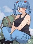  1girl ;d absurdres backpack backpack_removed bag bare_shoulders black_tank_top blue_eyes blue_hair blue_pants blunt_bangs blush breasts cloud collarbone crossed_ankles day denim grass hair_bobbles hair_ornament hands_on_lap hat hat_removed headwear_removed highres huge_breasts kawashiro_nitori long_hair looking_at_viewer one_eye_closed open_mouth outdoors pants raised_eyebrow sitting sky smile solo sweat tank_top touhou twintails yokuaka 