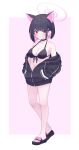  1girl absurdres animal_ears bikini black_bikini black_choker black_hair black_jacket blue_archive blush breasts bsm_(nerdmin) cat_ears choker cleavage closed_mouth colored_inner_hair commentary feet full_body halo hands_in_pocket highres hood hooded_jacket jacket kazusa_(blue_archive) korean_commentary large_breasts legs multicolored_hair pink_hair pink_halo red_eyes sandals short_hair solo swimsuit toenails toes 