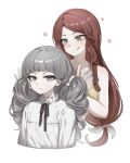  2girls abella_(fear_&amp;_hunger) blush fear_&amp;_hunger_2:_termina grey_eyes grey_hair highres lilio marina_(fear_&amp;_hunger) mole mole_under_mouth mouth_piercing multiple_girls playing_with_another&#039;s_hair red_hair tongue tongue_out white_background 