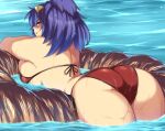  1girl ass bikini blush breasts commentary_request hair_ornament large_breasts looking_at_viewer looking_back medium_hair open_mouth outdoors purple_hair red_bikini red_eyes rope shimenawa solo swimsuit tobisawa touhou wading water yasaka_kanako 