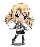  1girl black_skirt black_socks blonde_hair blue_shirt blush boots brown_eyes chibi collarbone crop_top cropped_shirt cum facial fairy_tail flexing full_body hair_ornament happy_facial looking_at_viewer low_twintails lucy_heartfilia mashima_hiro mini_person minigirl miniskirt open_mouth shirt short_twintails simple_background skirt smile socks solo standing twintails white_background 