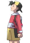  1boy backpack backwards_hat bag baseball_cap black_eyes black_hair closed_mouth commentary_request ethan_(pokemon) from_side grey_bag hat highres jacket knees long_sleeves looking_up male_focus pokemon pokemon_(game) pokemon_gsc sawa_(soranosawa) short_hair shorts smile solo yellow_shorts zipper_pull_tab 