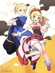  1boy 1girl :d adaman_(pokemon) adaman_(pokemon)_(cosplay) ahoge anklet arm_wrap blonde_hair blue_coat blush brother_and_sister clenched_hand closed_mouth coat commentary_request cosplay crossed_arms ear_piercing eyelashes gladion_(pokemon) green_eyes hairband hand_up highres irida_(pokemon) irida_(pokemon)_(cosplay) jewelry kinocopro lillie_(pokemon) long_hair open_mouth piercing pokemon pokemon_(game) pokemon_legends:_arceus pokemon_sm ponytail red_footwear sash shirt shoes short_hair shorts siblings smile strapless strapless_shirt twitter_username watermark white_shorts 