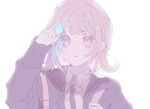  1girl backpack bag collared_shirt danganronpa_(series) danganronpa_2:_goodbye_despair hair_ornament hand_up highres holding holding_bag holding_crystal jacket medium_hair nanami_chiaki neck_ribbon open_clothes open_jacket parted_lips pink_eyes pink_hair pink_ribbon portrait pote_(pote_39) ribbon shirt simple_background solo spaceship_hair_ornament teeth two-tone_shirt white_background white_shirt 