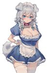  1girl absurdres animal_collar animal_ears apron blue_dress blue_eyes blush bow braided_sidelock breasts cleavage collar commentary dog_ears dog_tail dress frilled_apron frills grey_hair hair_bow highres inu_sakuya_(nejikirio) izayoi_sakuya kemonomimi_mode large_breasts looking_at_viewer maid_headdress petticoat puffy_short_sleeves puffy_sleeves qiu_ju scoop_neck short_sleeves simple_background solo tail thighhighs touhou waist_apron white_apron white_background white_thighhighs wrist_cuffs zettai_ryouiki 