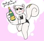  alcohol animal_crossing beverage blush blush_lines bottomless clothed clothing english_text genitals hi_res japanese_text liquor liquor_bottle looking_at_viewer male mammal marshal_(animal_crossing) neko3240 nintendo partially_clothed penis rodent sciurid solo text tree_squirrel 