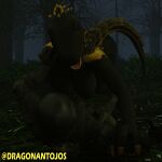  absurd_res anthro black_body blender_(software) blue_(jurassic_world) breasts claws clothing detailed_background dinosaur dominant dragonantojos duo female forest furromantic hi_res humanoid jurassic_park jurassic_world male male/female military_uniform night orange_eyes plant reptile scalie toe_claws tree uniform universal_studios yellow_body 