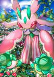  artist_name blurry blurry_background closed_eyes cloud commentary_request day ekm flower fomantis lens_flare lurantis outdoors pokemon pokemon_(creature) sky standing watermark 