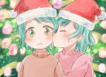  2girls aged_down aqua_hair bang_dream! blush brown_sweater christmas christmas_ornaments christmas_tree closed_eyes green_eyes hat highres hikawa_hina hikawa_sayo incest kiss kissing_cheek looking_at_viewer multiple_girls pink_sweater santa_hat siblings signature sweater twincest twins xin_(blueramen) yuri 