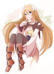  1girl blue_eyes blush boots brown_hair detached_sleeves flower gloves hair_flower hair_ornament highres long_hair marta_lualdi smile solo stuffed_toy tales_of_(series) tales_of_symphonia tales_of_symphonia_knight_of_ratatosk thighhighs very_long_hair yutohiroya 
