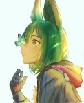  1boy animal_ear_fluff animal_ears artist_name black_gloves black_hair black_hoodie blue_butterfly blunt_ends blush brown_eyes brown_gloves bug butterfly butterfly_on_nose commentary drawstring english_commentary flower fox_boy fox_ears genshin_impact globes gloves green_eyes green_hair hair_between_eyes hand_up highres hood hood_down hoodie light_particles light_rays long_sleeves male_focus multicolored_eyes multicolored_hair parted_lips profile short_hair snifflesmp4 solo streaked_hair tighnari_(genshin_impact) twitter_username two-tone_gloves two-tone_hair upper_body yellow_flower 