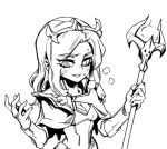  1girl alternate_costume blush breasts crazy_eyes crown english_commentary greyscale grin hands_up holding holding_staff league_of_legends long_hair lux_(league_of_legends) monochrome parted_bangs phantom_ix_row small_breasts smile solo staff sweat teeth 