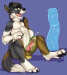  4_fingers 4_toes abdominal_bulge all_the_way_through animal_dildo animal_genitalia animal_penis animal_sex_toy anthro black_claws black_eyebrows black_nose black_pawpads blue_background bodily_fluids canid canine canine_genitalia canine_penis canis claws cum cum_while_penetrated dildo dipstick_tail domestic_dog equine_dildo eyebrows feet fingers fur genital_fluids genitals green_eyes hi_res magic male mammal markings medial_ring multicolored_body multicolored_fur open_mouth pawpads penetration penis pink_penis pink_tongue sex_toy simple_background sitting solo story story_in_description tail tail_markings teeth toes tongue veiny_dildo xchiseaxmargaritax 