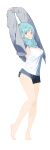  1girl aqua_eyes aqua_hair arms_up bare_legs barefoot black_shorts breasts closed_mouth feet full_body grey_jacket hair_over_shoulder heel_up highres horns jacket legs long_hair long_sleeves looking_at_viewer medium_breasts nahia_(some1else45) original short_shorts shorts simple_background smile solo some1else45 tank_top thighs toes twintails white_background white_tank_top 