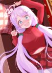  1girl :d absurdres aqua_eyes arm_up blue_archive blush christmas_ornaments commentary_request couch embarrassed eyes_visible_through_hair hair_ornament hairclip halo hanae_(blue_archive) hanae_(christmas)_(blue_archive) heart heart_hair_ornament highres long_hair long_sleeves looking_at_viewer lying midriff navel nose_blush official_alternate_costume on_back pantyhose parted_bangs pillow plaid plaid_skirt pleated_skirt purple_hair ribbed_sweater sidelocks skirt smile solo sweatdrop sweater white_pantyhose yasutarou 