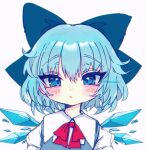  1girl :&lt; :/ blue_bow blue_dress blue_eyes blue_hair blush bow bowtie cirno closed_mouth commentary_request dress expressionless hair_between_eyes highres ice ice_wings looking_at_viewer red_bow red_bowtie renakobonb short_hair simple_background solo straight-on touhou tsurime white_background wings 