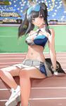  1girl absurdres animal_ears black_hair blue_archive blue_eyes breasts cheerleader cleavage commentary_request detached_collar dog_ears dog_tail eyewear_on_head facial_mark halo hibiki_(blue_archive) hibiki_(cheer_squad)_(blue_archive) highres kapo long_hair medium_breasts millennium_cheerleader_outfit_(blue_archive) navel official_alternate_costume open_mouth pleated_skirt ponytail safety_glasses shoes skirt solo star_(symbol) tail white_footwear white_skirt yellow_halo 
