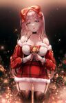 1girl absurdres bare_shoulders bell black_ribbon blurry blush bokeh bow breasts christmas christmas_tree cleavage collarbone commentary cowboy_shot depth_of_field detached_sleeves fur_trim garter_straps glint hair_bow hair_intakes halterneck highres long_hair looking_at_viewer mole mole_under_eye open_mouth original pink_hair pippin_(pippin_sol) plaid red_bow revision ribbon santa_costume sidelocks smile solo sparkle standing straight-on symbol-only_commentary thighhighs thighs underbust wrist_ribbon yellow_eyes 