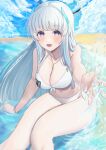  1girl alternate_costume arm_support bare_legs beach bikini blue_archive blush breasts cafenami cleavage collarbone feet_out_of_frame grey_hair halo highres looking_at_viewer medium_breasts navel noa_(blue_archive) outdoors purple_eyes sitting smile solo splashing string_bikini swimsuit white_bikini 