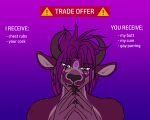  aiko_orkan_(big_chief_bakari) anthro bedroom_eyes big_chief_bakari_(artist) black_nose claws eyebrows fangs flat_colors fur gradient_background hair hi_res horn hybrid long_hair looking_at_viewer male mammal markings meme narrowed_eyes purple_body purple_eyes purple_fur purple_hair raised_eyebrow seductive simple_background smile snaggle_tooth solo spots spotted_markings teeth text trade_offer 