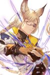  1boy absurdres aiguillette animal_ears ascot asymmetrical_eyewear black_shirt blonde_hair blunt_bangs blunt_ends braid brown_gloves brown_vest capelet closed_mouth collared_shirt erune expressionless fingerless_gloves frilled_sleeves frills glasses gloves granblue_fantasy hand_up highres jacket long_hair looking_at_viewer lu_woh_(granblue_fantasy) magic male_focus semi-rimless_eyewear shirt shoulder_cape sideways_glance simple_background single_braid solo under-rim_eyewear upper_body vest white_background white_jacket yellow_ascot yellow_capelet yellow_eyes yoruyume 