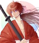  1boy cherry_blossoms circle closed_mouth cross_scar falling_petals highres himura_kenshin holding holding_sword holding_weapon japanese_clothes katana kimono light_smile long_hair looking_afar looking_to_the_side male_focus petals ponytail purple_eyes red_hair red_kimono rurouni_kenshin scar scar_on_cheek scar_on_face sheath sheathed smile solo sword weapon yuusuke_(yyy_xp) 