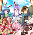  6+girls absurdres alternate_costume animal_ears arm_up ascot back_bow belt blonde_hair blue_bow blue_hair blue_kimono blue_sky blush bow breasts brown_belt brown_eyes brown_hair brown_headwear brown_kimono brown_scarf cloud cloudy_sky day detached_sleeves double_v floral_print frills fur_trim green_jacket green_scarf hair_between_eyes hair_ornament hair_tubes hakurei_reimu hakurei_shrine hand_up hands_up hat highres inaba_tewi jacket japanese_clothes kimono light_blue_hair long_hair long_sleeves looking_at_viewer medium_breasts medium_hair multiple_girls on_ground one_eye_closed open_clothes open_jacket open_mouth outdoors own_hands_together pink_scarf pom_pom_(clothes) purple_hair rabbit_ears rabbit_girl red_bow red_eyes red_kimono red_shirt red_skirt reisen_(touhou_bougetsushou) reisen_udongein_inaba ringo_(touhou) ruu_(tksymkw) scarf seiran_(touhou) shirt short_hair shrine sidelocks sitting skirt skirt_set sky smile snow standing teeth tongue torii touhou tree twintails v white_belt white_bow wide_sleeves yellow_ascot yellow_belt 