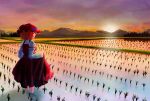  1girl absurdres aki_minoriko autumn blue_sky highres horizon koyane_(silver81106) mountain mountainous_horizon orange_sky plant reflection rice_paddy scenery sky solo sun sunlight sunrise touhou water 