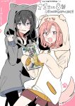  2girls animal_ears animal_hood asanagi_yori black_hair black_hood blue_eyes blush cat_ears cat_hood dog_ears dog_hood dog_tail fake_animal_ears hair_between_eyes highres holding hood hood_up hooded_jacket hoodie jacket kino_himari long_sleeves looking_at_viewer multiple_girls open_mouth orange_eyes orange_hair sasayaku_you_ni_koi_wo_utau short_hair shorts simple_background smile tail takeshima_eku 