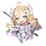  1girl armor blonde_hair braid cape chibi dogmatika_ecclesia_the_virtuous duel_monster ecclesia_(yu-gi-oh!) facial_mark fake_horns forehead_mark full_body gauntlets grey_eyes hair_ornament headgear holding horns long_hair open_mouth prawnlunchset shoulder_armor smile solo weapon white_background yu-gi-oh! 