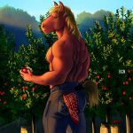  anthro anthrofied apple_tree applejack_(mlp) bgn big_macintosh_(mlp) blonde_hair bottomwear clothed clothing denim denim_clothing earth_pony equid equine friendship_is_magic fruit_tree fur hair handkerchief hasbro hi_res horse jeans kerchief looking_at_viewer male mammal muscular muscular_male my_little_pony orchard pants plant pony red_body red_fur solo topless tree 